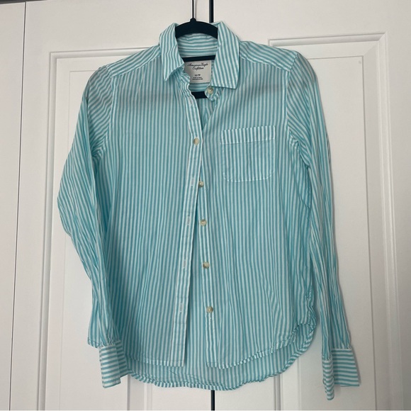 American Eagle Outfitters Button Down Striped Turquoise Shirt 🦅 - Picture 2 of 7